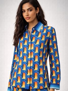 Casablanca L'Arche De Nuit Silk Shirt, Blue Multicolor (Size 34, US 2)